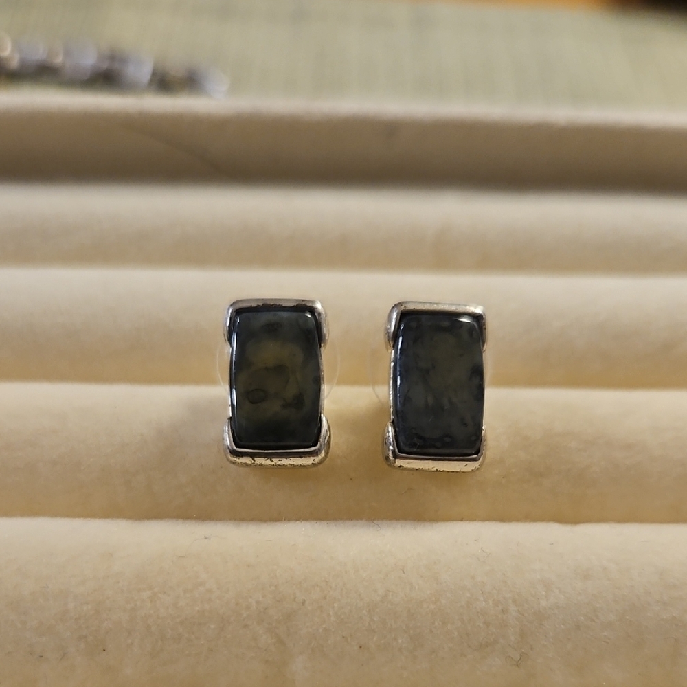 Silver And Green Rectangular Earrings - image 1